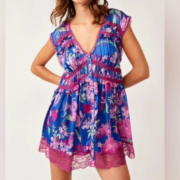 Free People Spring Fling Mini violet dress blue pink purple lace button down - Picture 1 of 4